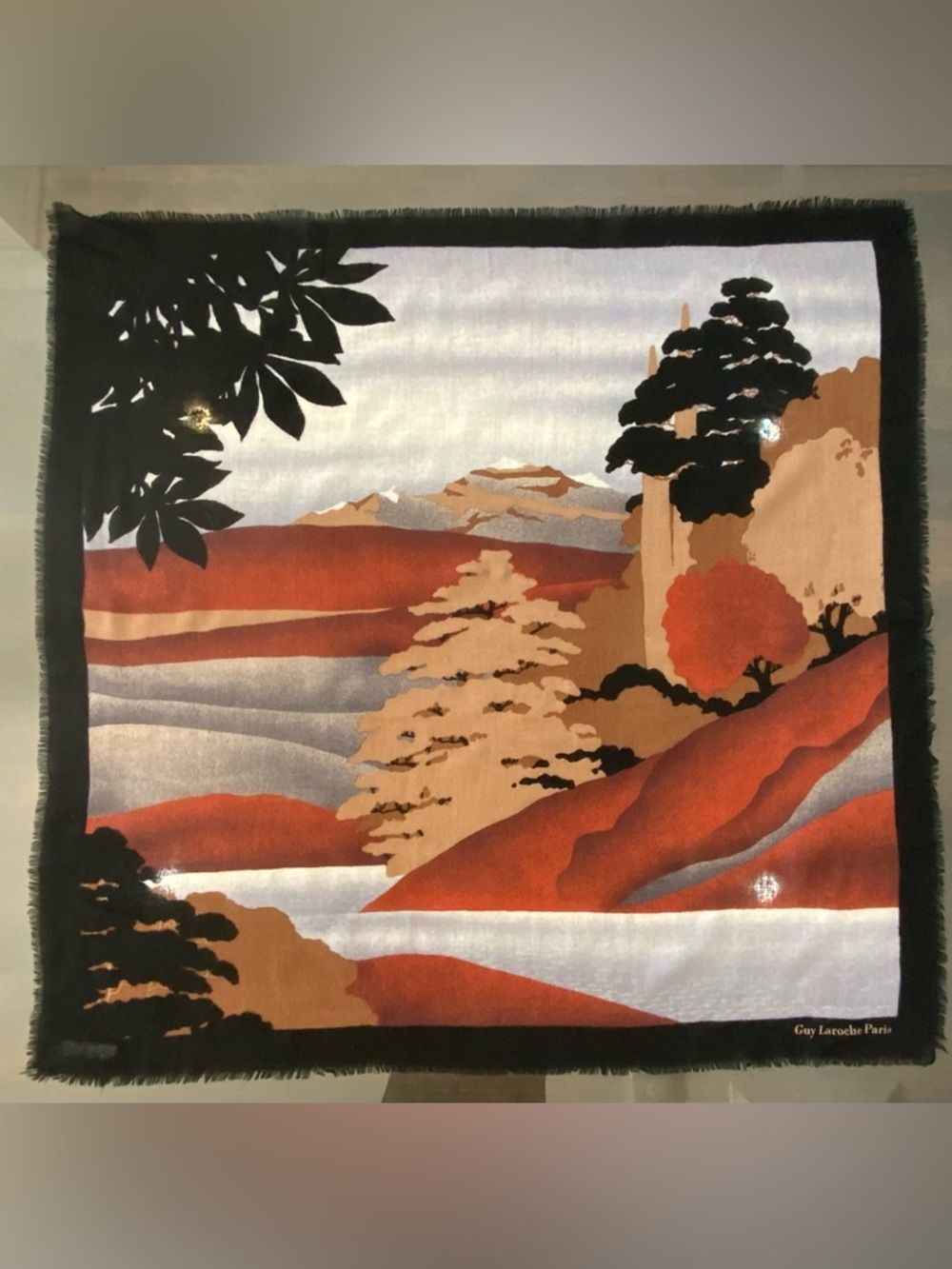 GUY LAROCHE Orange, Black and Tan Scenic Wool Scarf